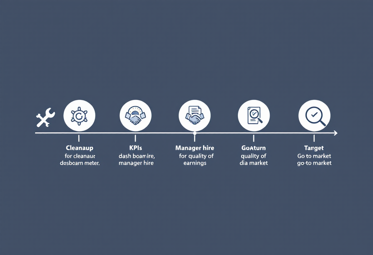 36-month consulting firm exit preparation timeline: cleanup phase, KPI infrastructure and general manager hire, sell-side quality of earnings, and go-to-market with M&A advisor