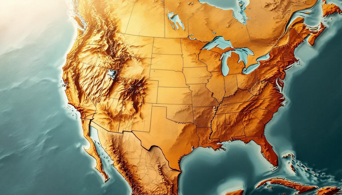Topographic map of the United States representing state-by-state coverage