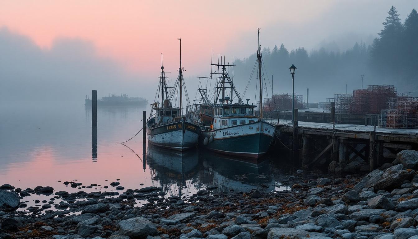 A working Maine harbor at dawn representing Maine's industrial and coastal economy