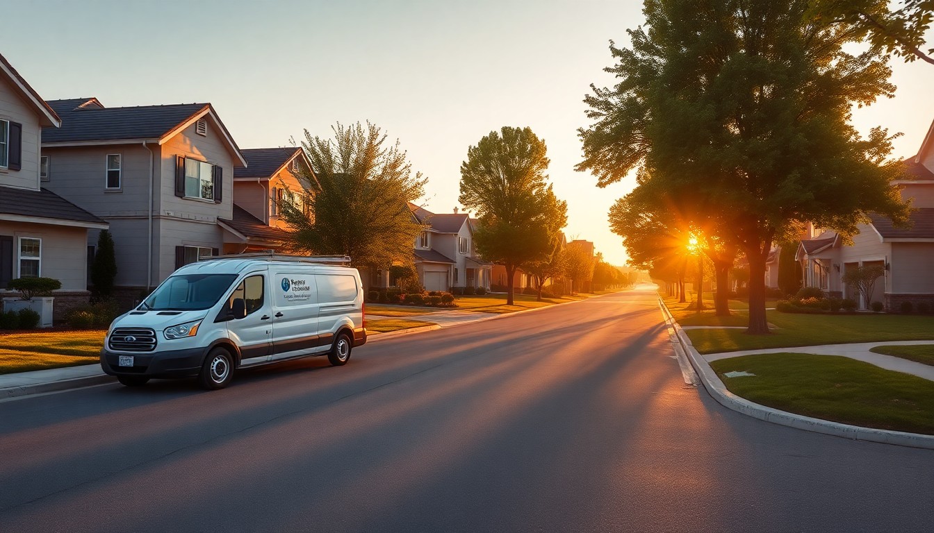 Suburban residential street with pest control service truck at golden hour