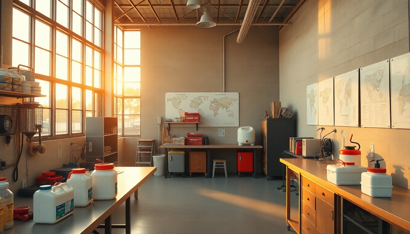 Pest control technician workspace with sprayers and equipment at golden hour
