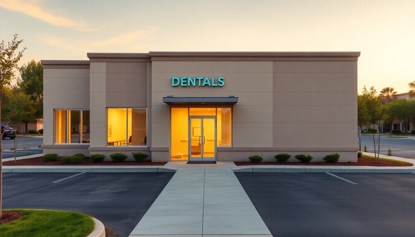 Modern multi-location dental clinic facility exterior at golden hour