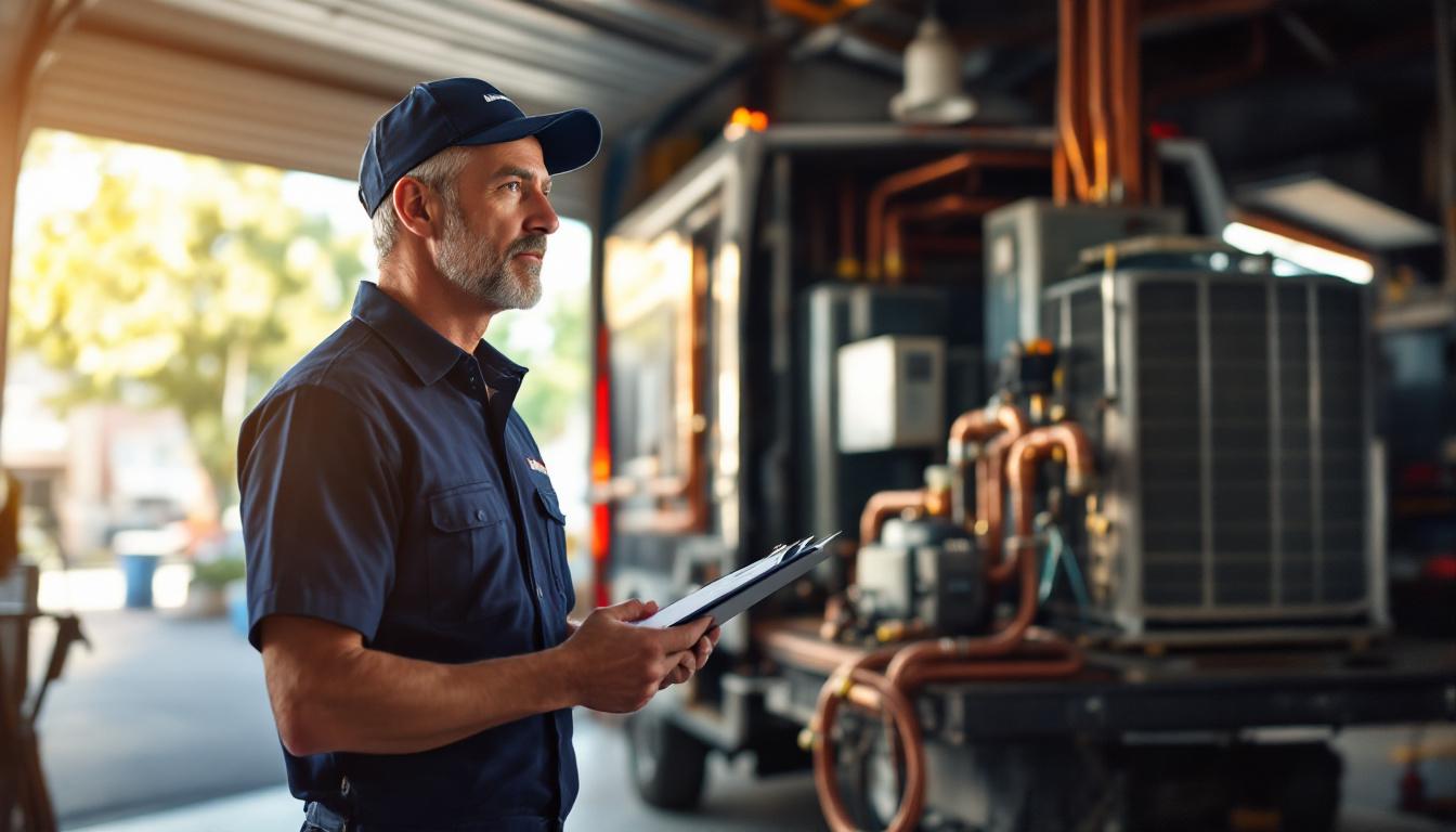 HVAC business owner in his 50s standing inside a service van bay holding a clipboard, looking at his service truck, late afternoon natural light