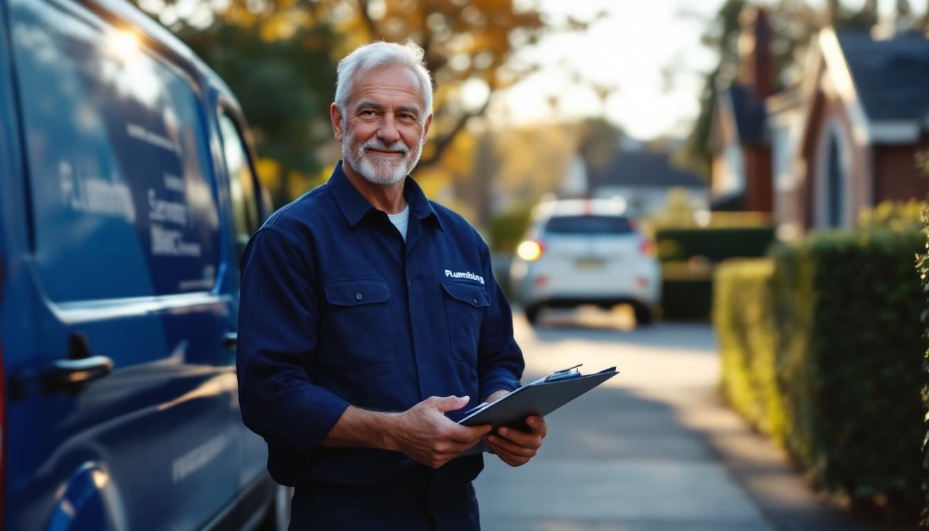 Plumbing business owner in his late 50s standing beside a service van outside a residential job site, holding a clipboard, early morning natural light