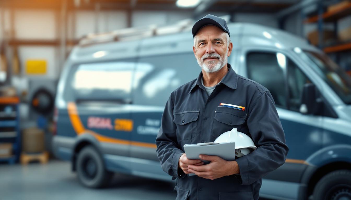 Electrical contractor in his late 50s standing in front of a service van loaded with conduit and wire spools, holding a clipboard, late afternoon natural light
