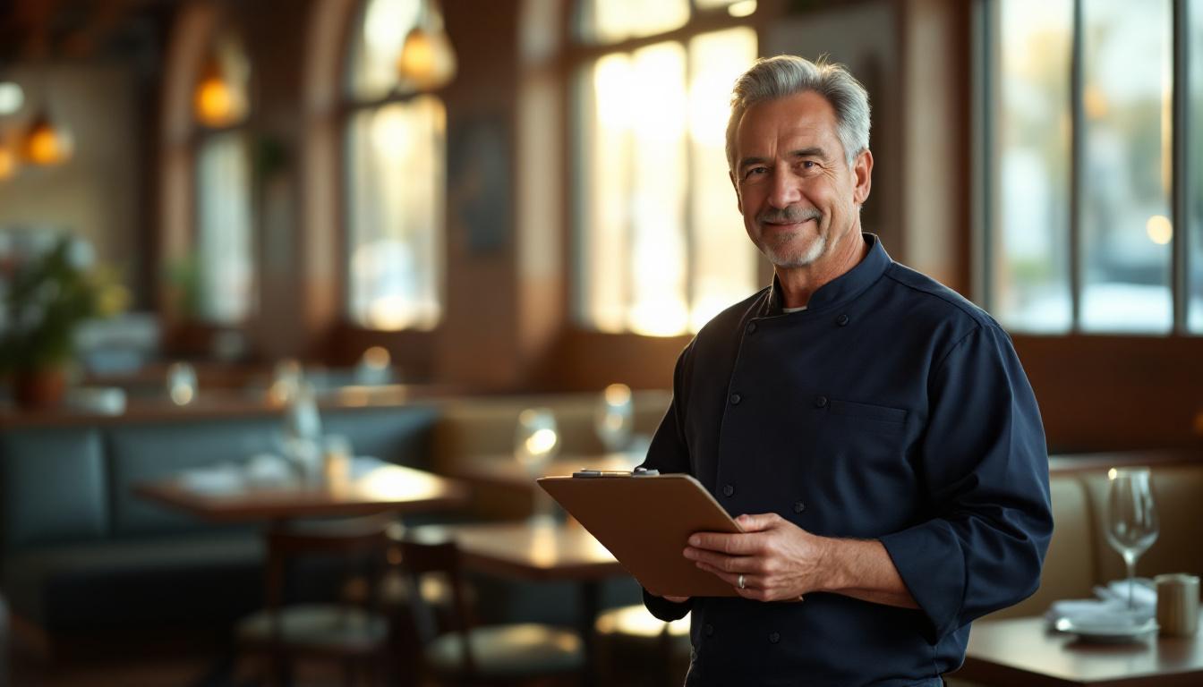 Restaurant owner in his late 50s standing at the host stand of an empty dining room before service, holding a clipboard, soft morning light through windows