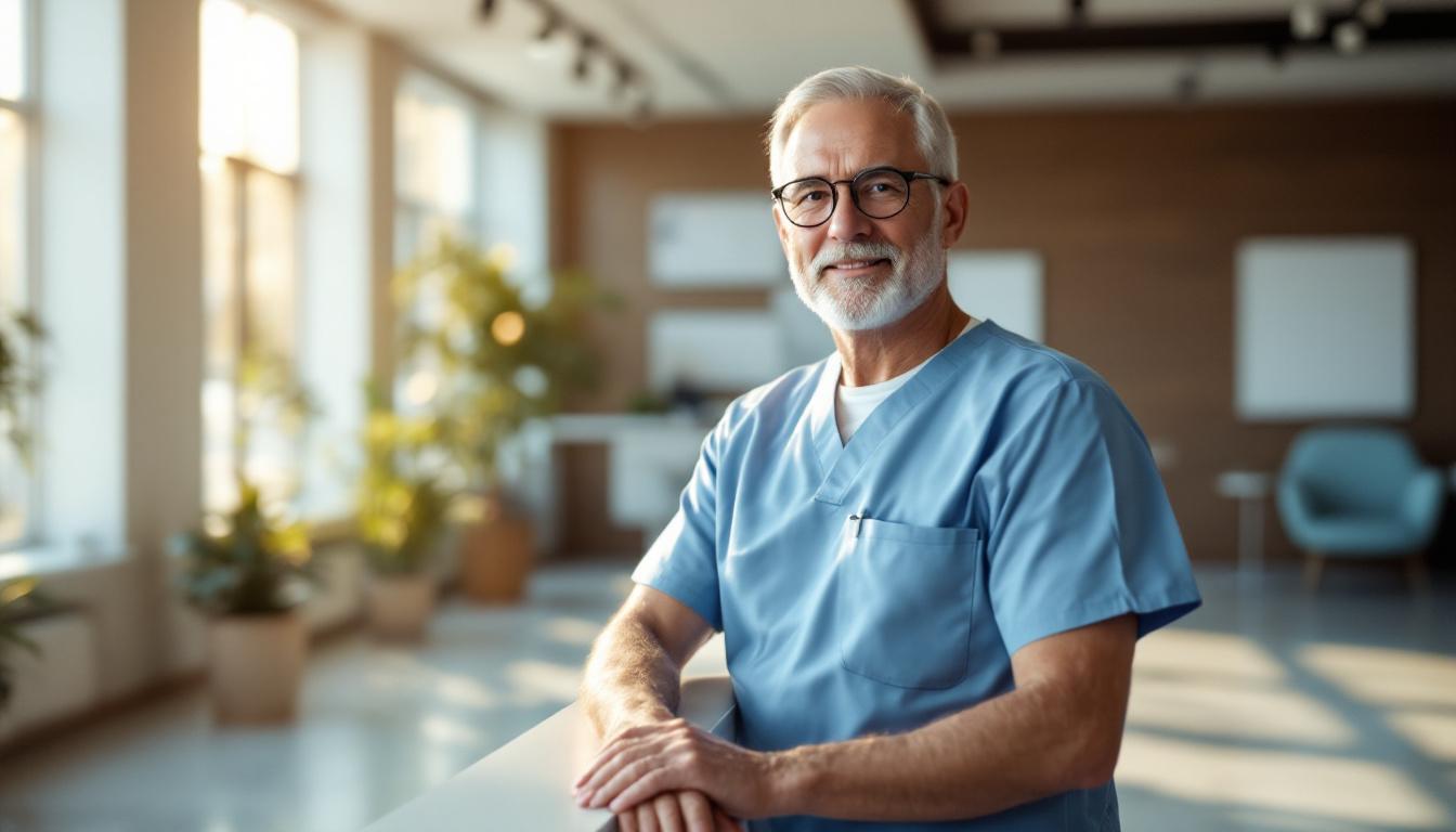 Dentist in his late 50s in clean blue scrubs standing at the front desk of an empty practice reception area, holding a clipboard, soft morning light