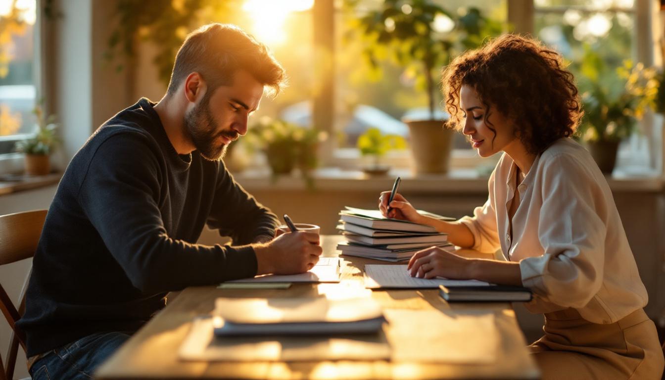 Owner and bookkeeper reviewing financial folders together at a kitchen-style office table &mdash; books cleanup before selling a business