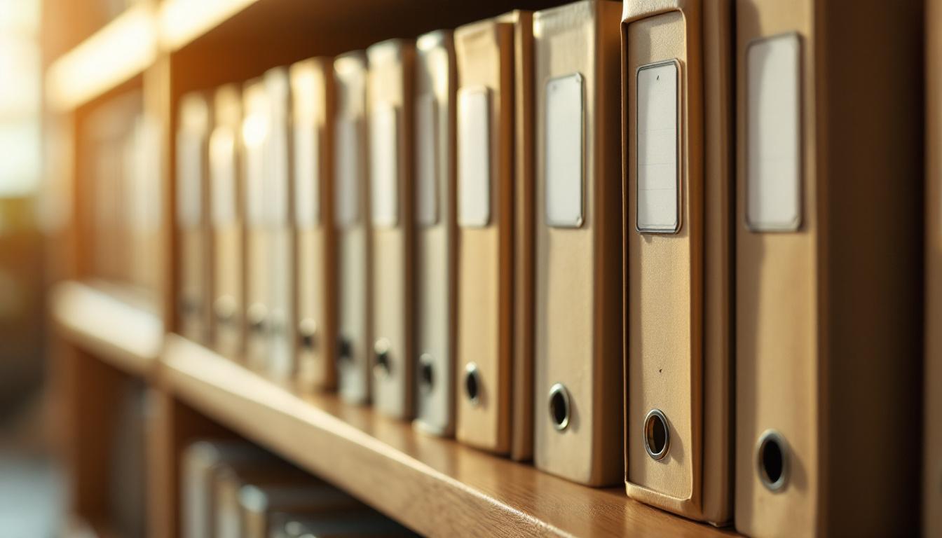 Organized labeled file folders on a wooden shelf &mdash; data room checklist for business sale