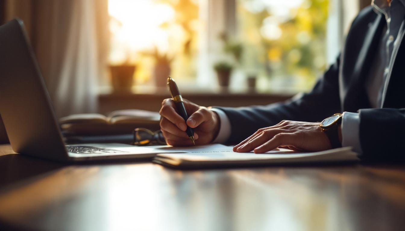 Professional drafting at a desk with fountain pen and notepad &mdash; writing a confidential information memorandum
