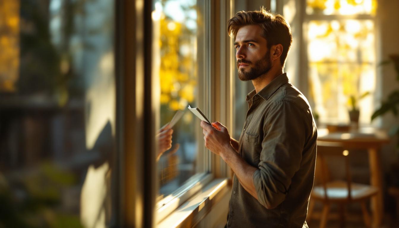 Owner standing at office window holding a folded paper &mdash; business sale teaser document example