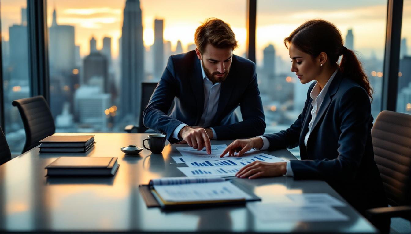 Two professionals reviewing financial documents in a high-floor office during PE due diligence