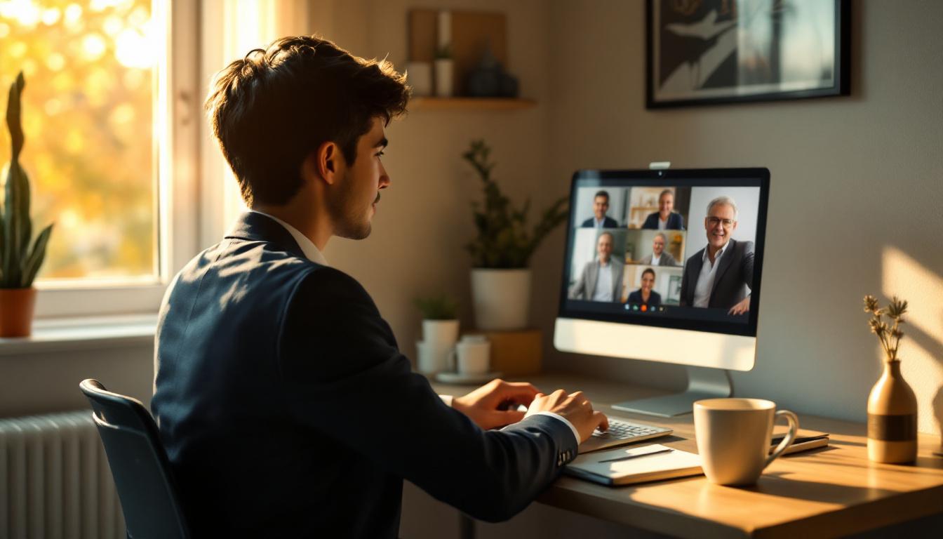 MBA-aged searcher in a small office on a video call with mentor figures, late afternoon light