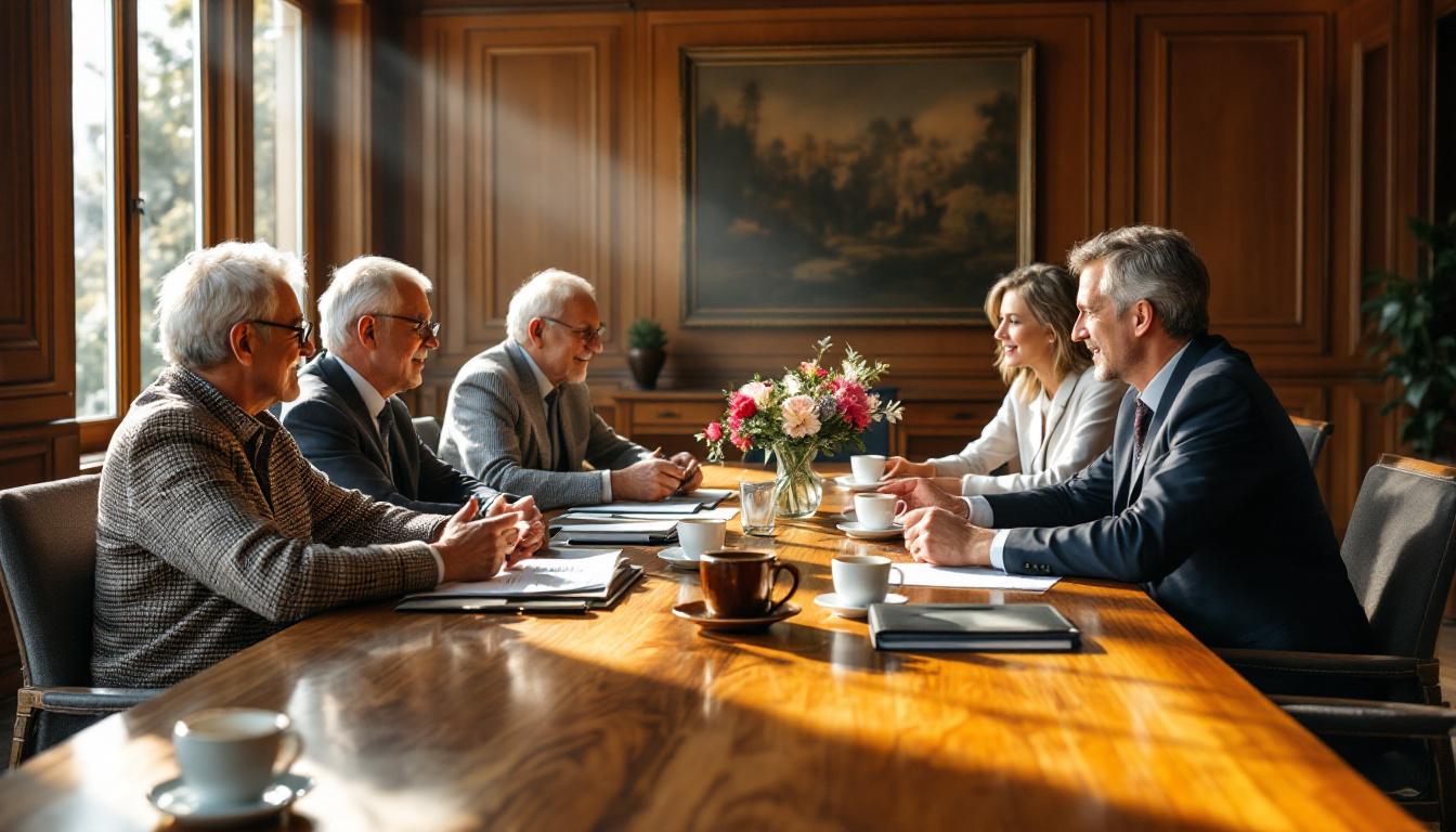 Multigenerational family discussing a business acquisition at a long oak conference table in a warm wood-paneled office