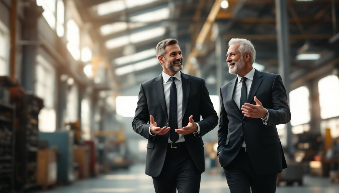 Larger company executive walking through a smaller acquired company facility in conversation with the original owner