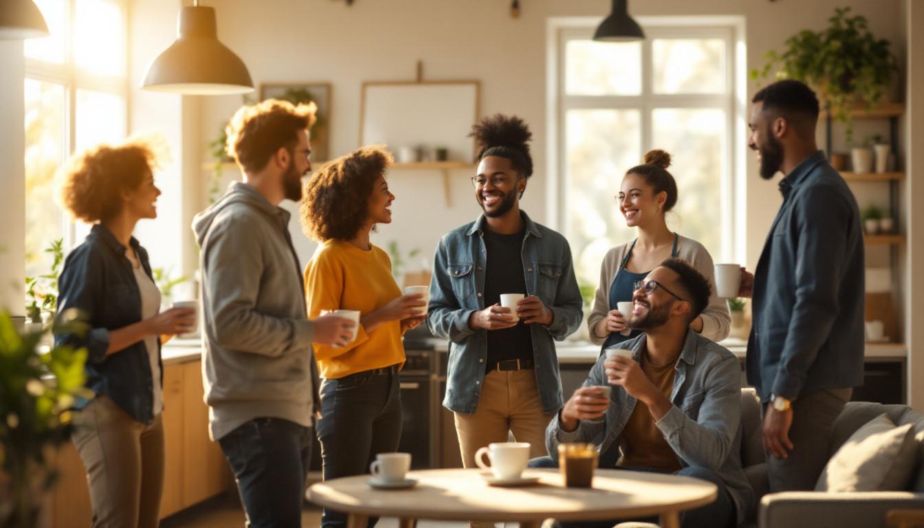 Diverse group of company employees gathered in conversation in a warm sunlit break room