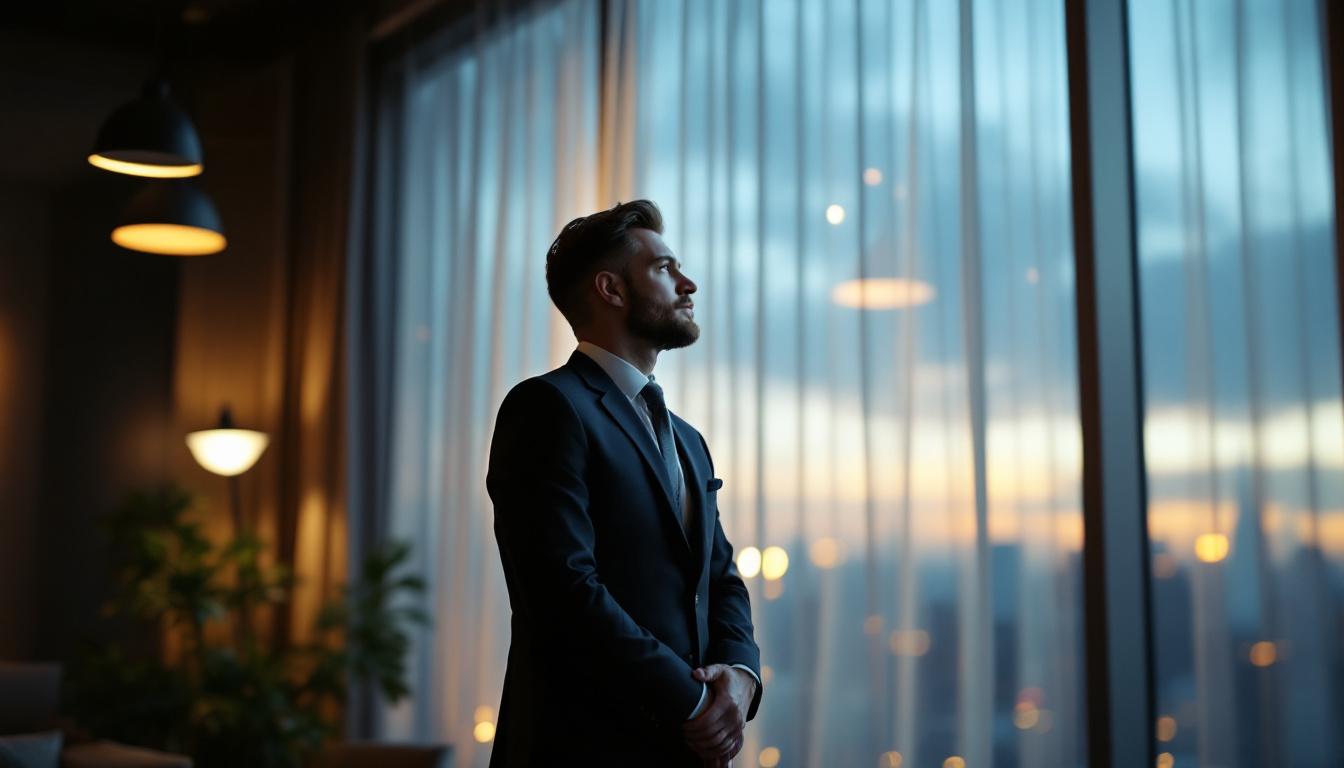 Business owner contemplating a deal that fell through, looking out an office window at dusk
