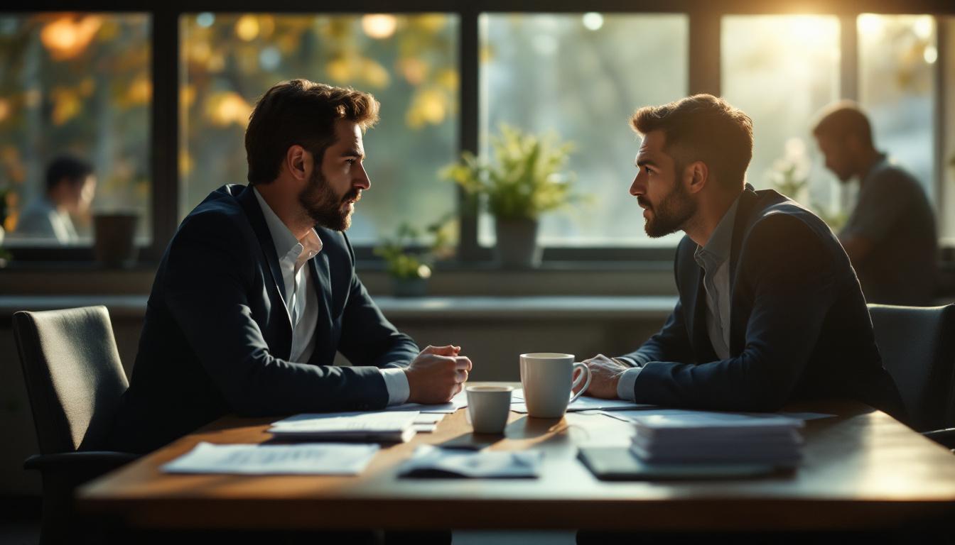 Two professionals negotiating across a small conference table during a re-trade discussion