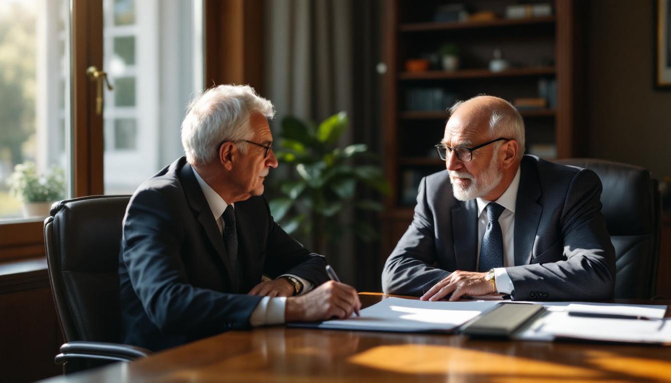 An older business owner having a quiet, confidential conversation with his accountant in a private office