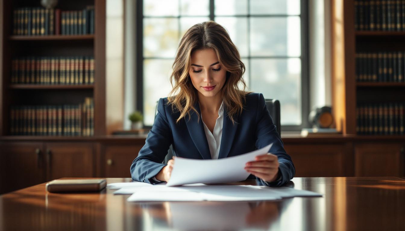 An attorney reviewing trademark and IP documents in a sunlit office before a business sale