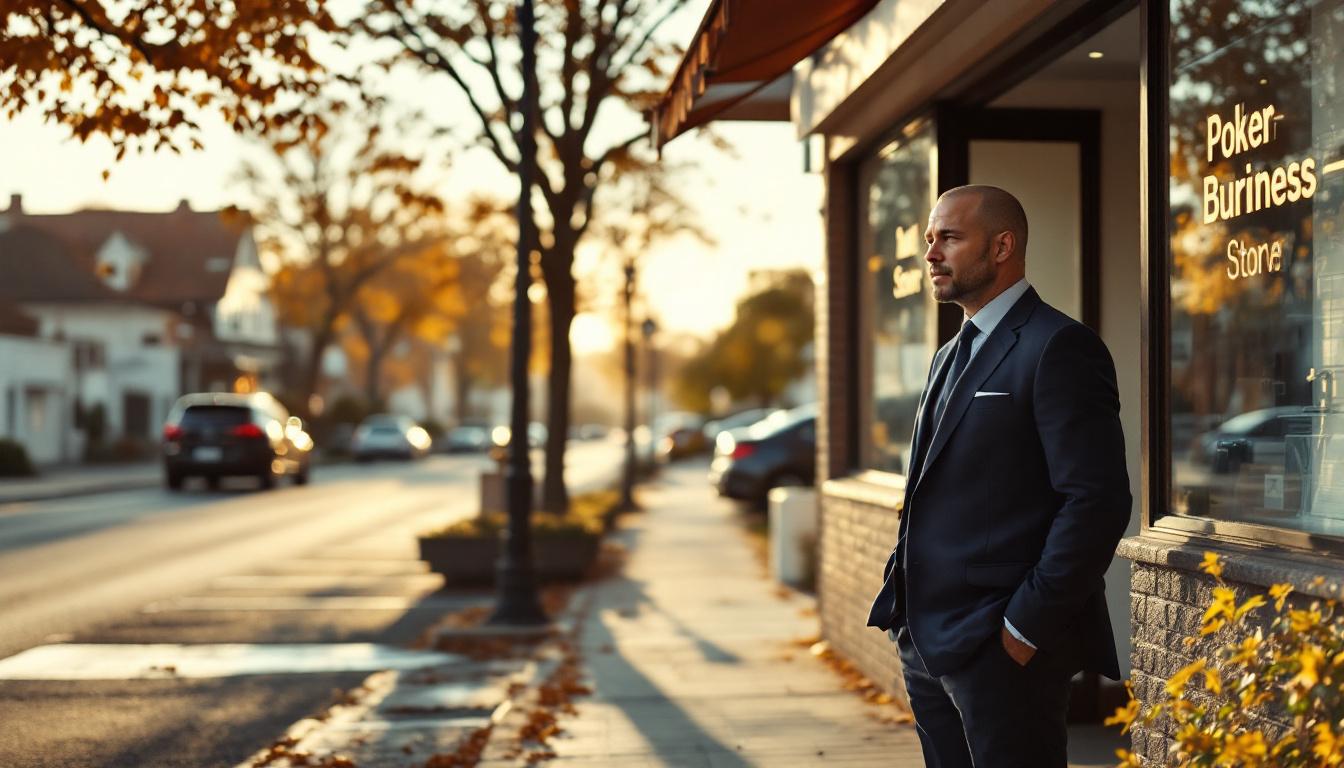 Owner standing at the entrance of his small business in the early morning, contemplating timing of a sale