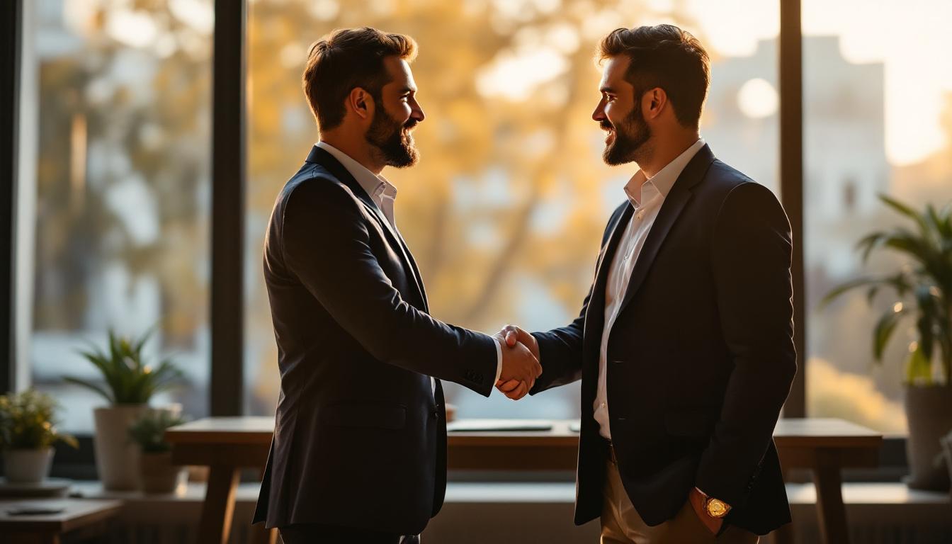Two business partners shaking hands in front of a window in a small office at golden hour after agreeing to a partial sale
