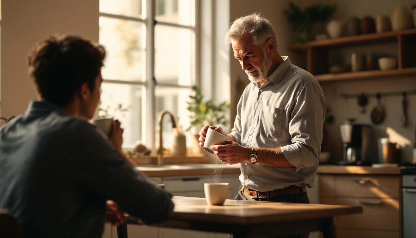 Older business owner pouring coffee in a sunlit kitchen-style office at home, casual atmosphere with younger colleague at the table