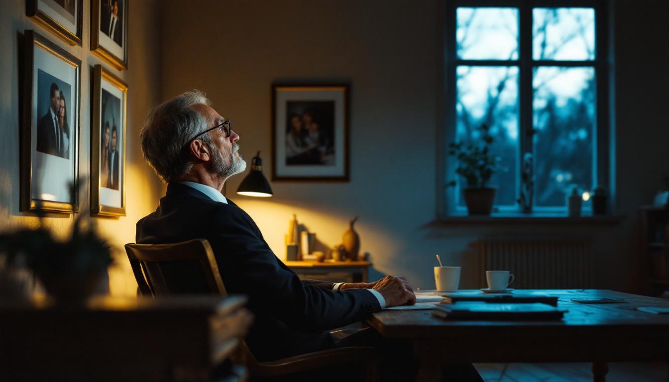 Older business owner sitting alone at his desk in a small office at dusk, looking at framed photos on the wall, warm lamp light
