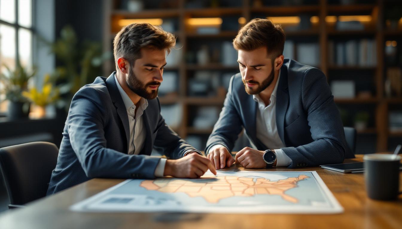 Two acquisition professionals reviewing a paper map of the U.S. on a wood conference table, planning a deal sourcing strategy