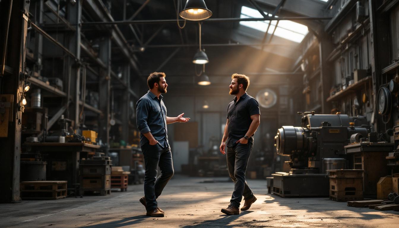 Buyer in business casual walking through a small machine shop with the original owner, mid-conversation, evaluating the business for acquisition