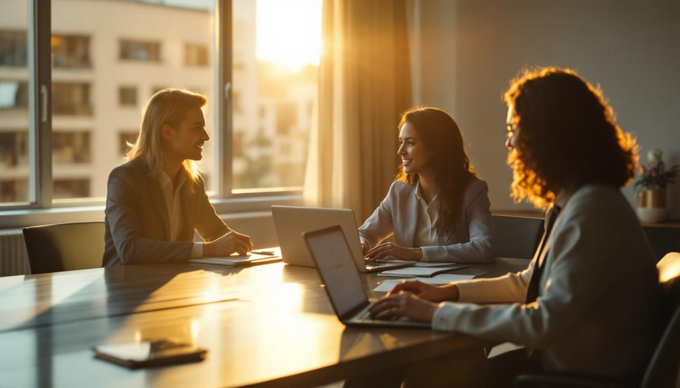 Three professionals at a polished conference table with binders and laptops, mid-conversation during business acquisition due diligence