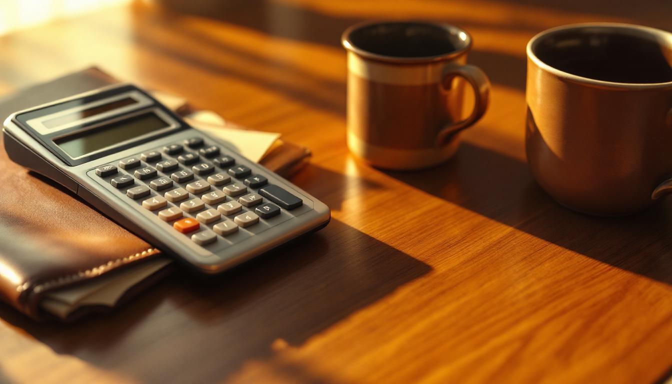 Calculator beside a leather portfolio and coffee mug on a polished desk &mdash; buyer determining a fair price for a business acquisition