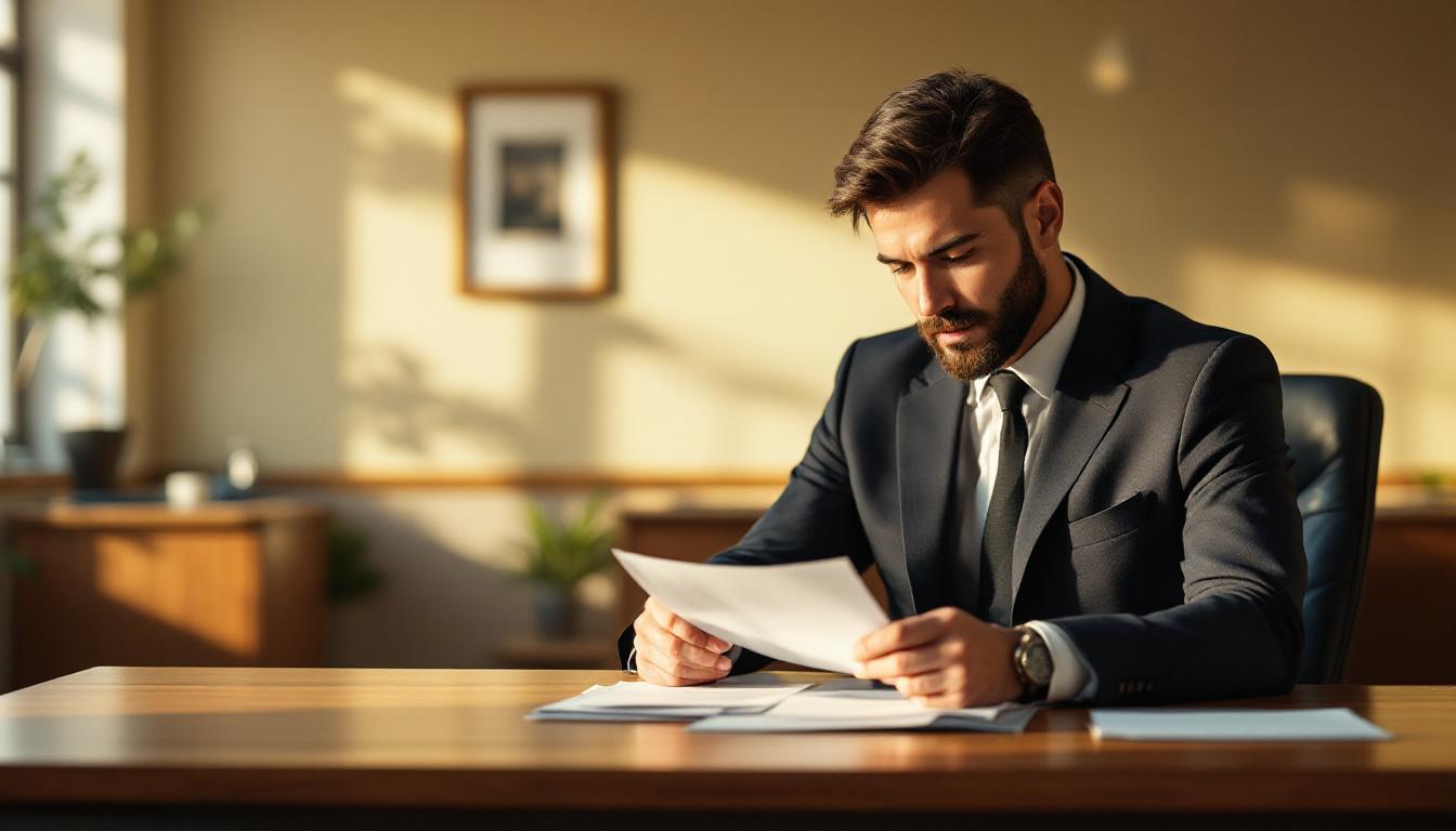 Loan officer reviewing paperwork at a wooden desk in a small bank office &mdash; financing a business acquisition