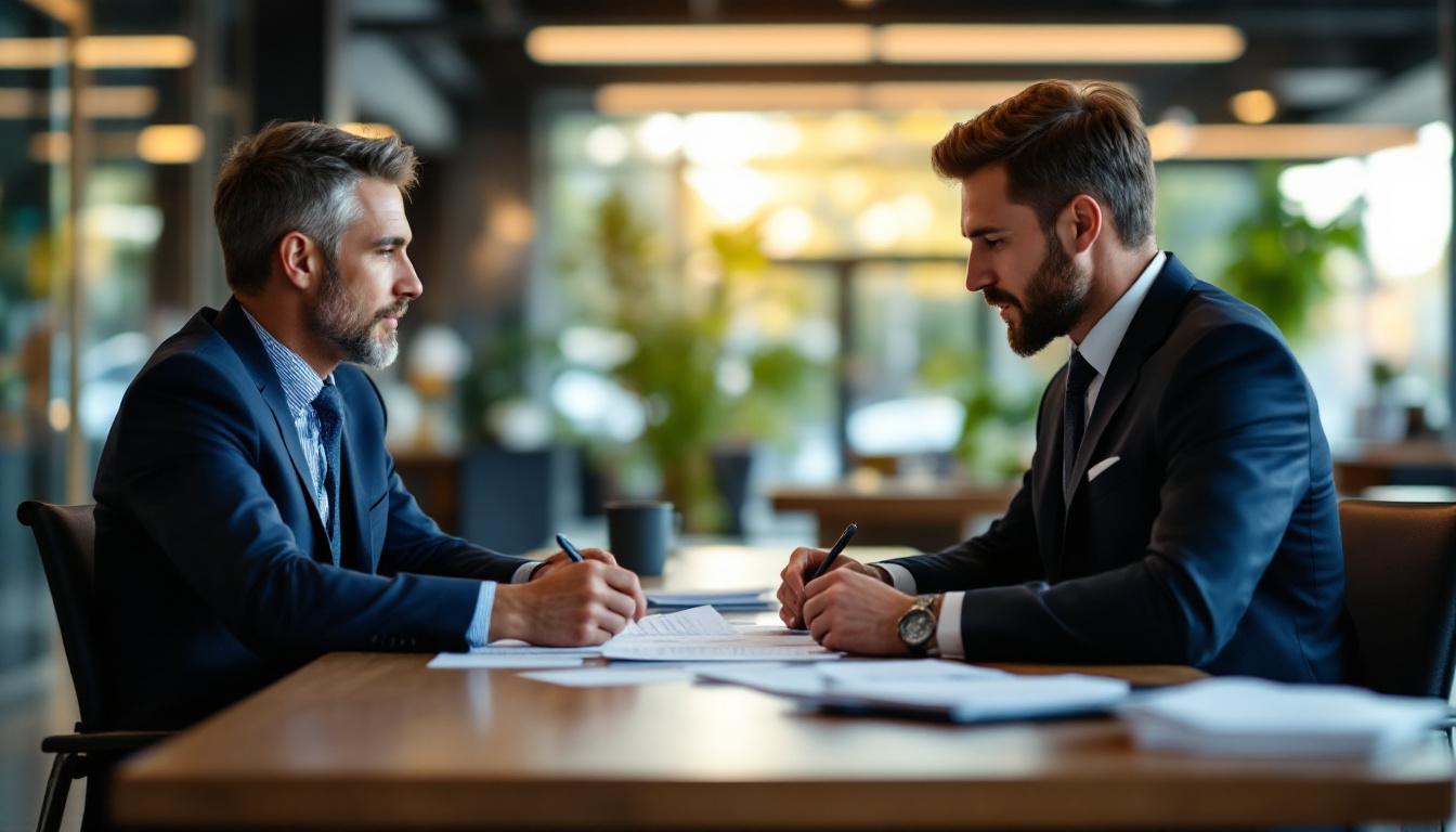 SBA 7(a) loan officer reviewing acquisition paperwork with a small business buyer at a bank desk