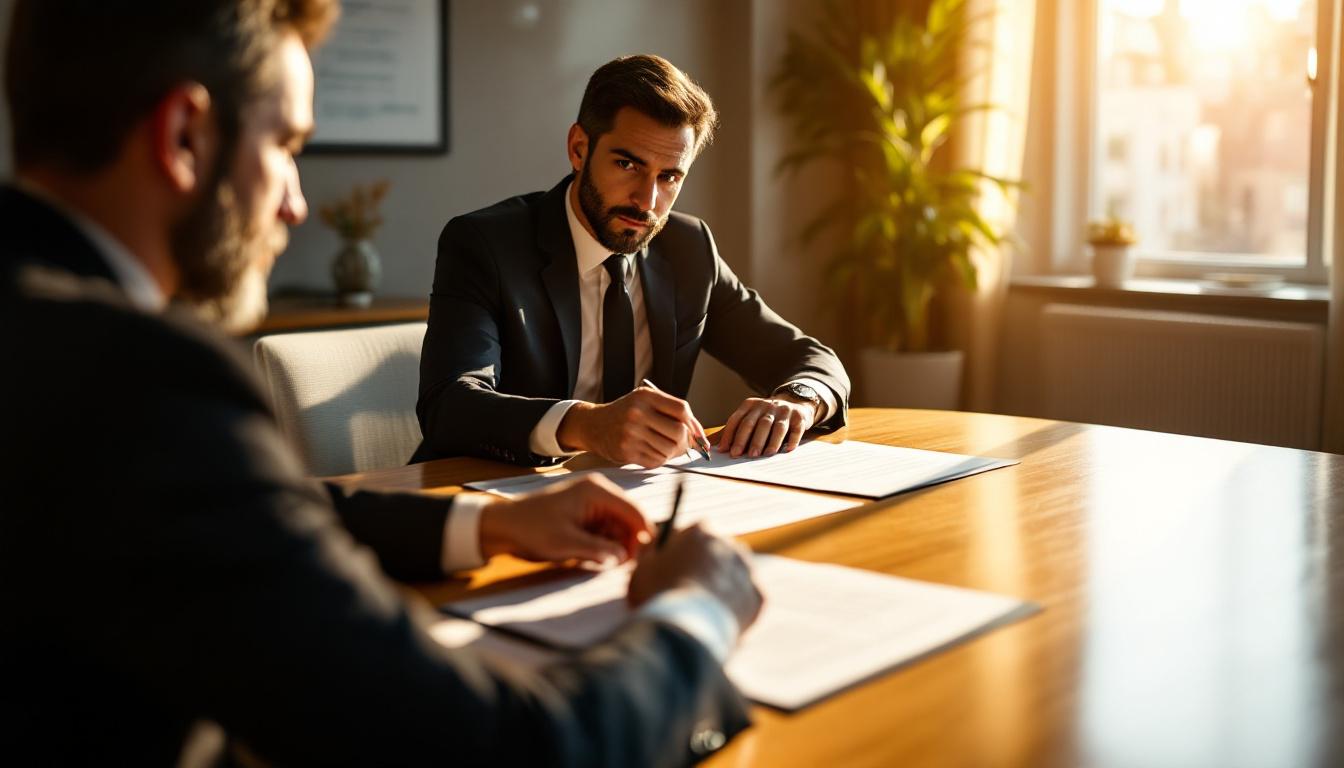 Two attorneys reviewing redlined contract pages across a polished conference table, one pointing at a clause