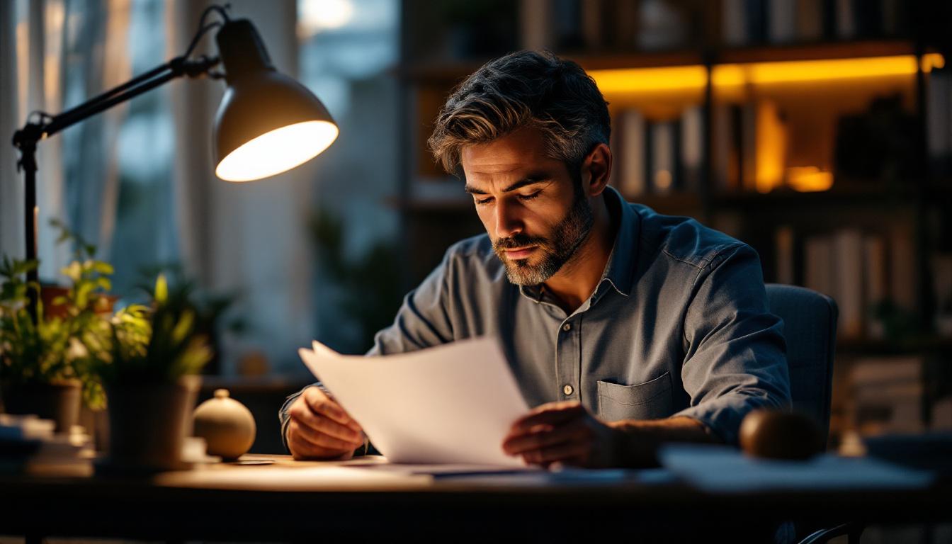 An owner reading paperwork alone in a small office at dusk, contemplative