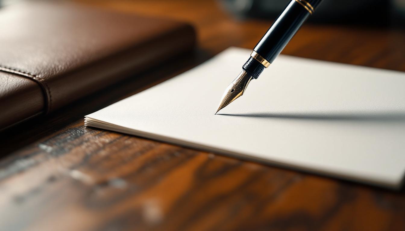 A fountain pen poised over a single sheet of paper on a polished walnut desk with a leather portfolio beside it