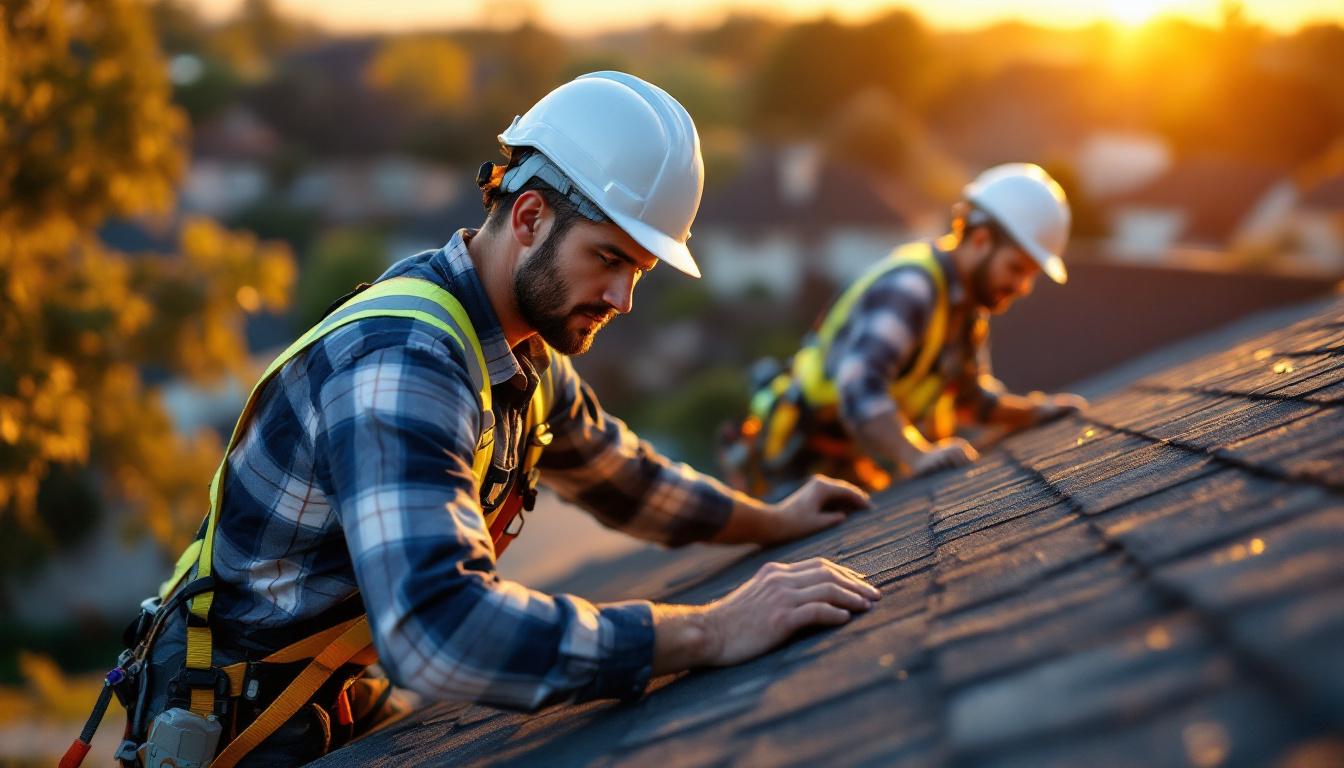 Two roofing professionals in safety harnesses inspecting a residential roof &mdash; representing the operational reality buyers diligence when valuing a roofing company