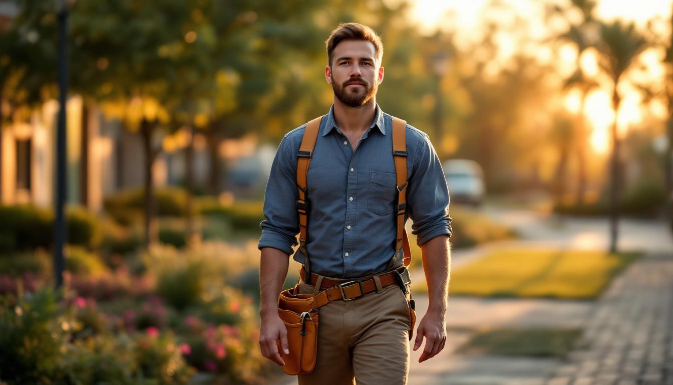 A landscaping crew leader walking through a manicured commercial property &mdash; representing the recurring commercial maintenance work that drives premium landscaping M&A multiples