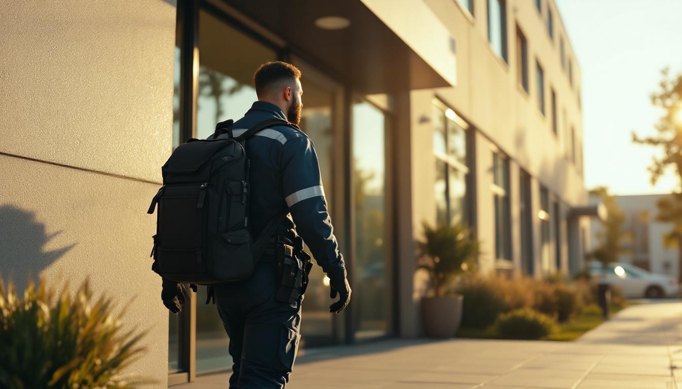 A uniformed pest control technician walking up to a commercial building entrance &mdash; representing the recurring-route service model that drives premium pest control M&A multiples