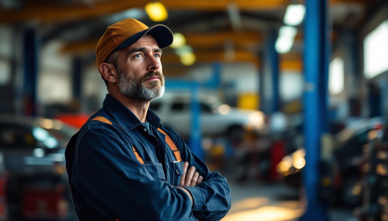 An auto repair shop owner standing at the edge of his shop bay &mdash; representing the equipment, real estate, and operational systems buyers diligence in auto repair M&A
