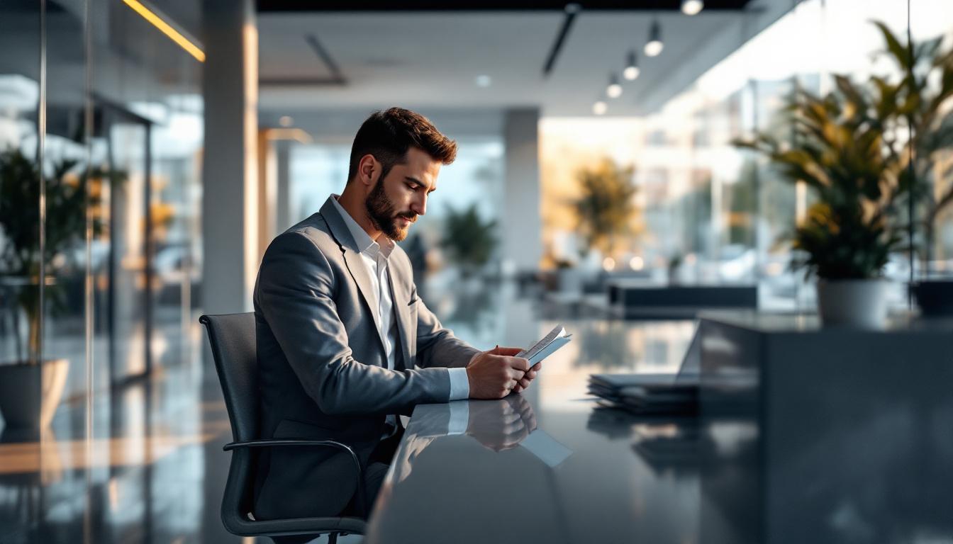 A cleaning crew supervisor in business casual reviewing notes in a polished commercial lobby &mdash; representing the recurring commercial contract base that drives premium janitorial M&A multiples