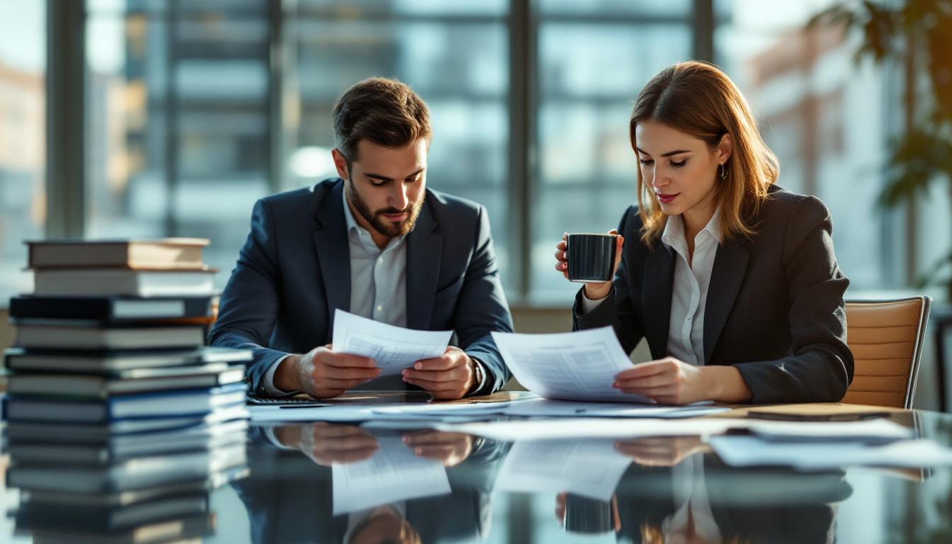 Two professionals reviewing balance sheets at a polished conference table with calculator and coffee mug