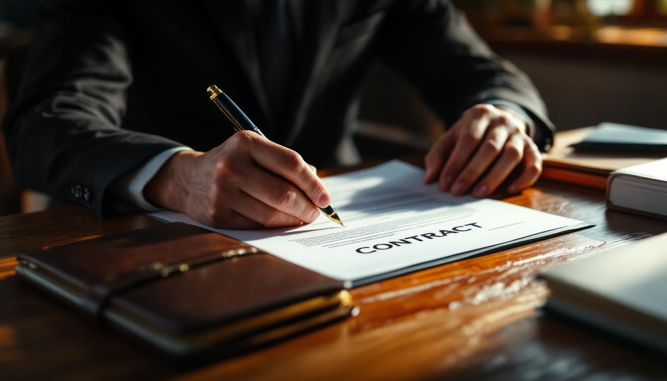 An attorney in business casual reviewing a contract at a wood desk with leather portfolio and fountain pen