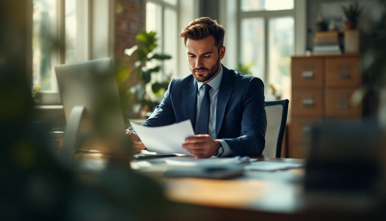 An insurance professional in business attire reviewing policy documents in a sunlit office with tall windows