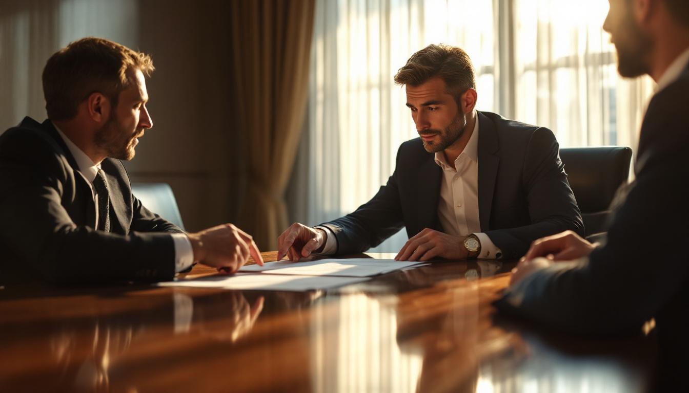 Three attorneys around a polished conference table reviewing a redlined contract page