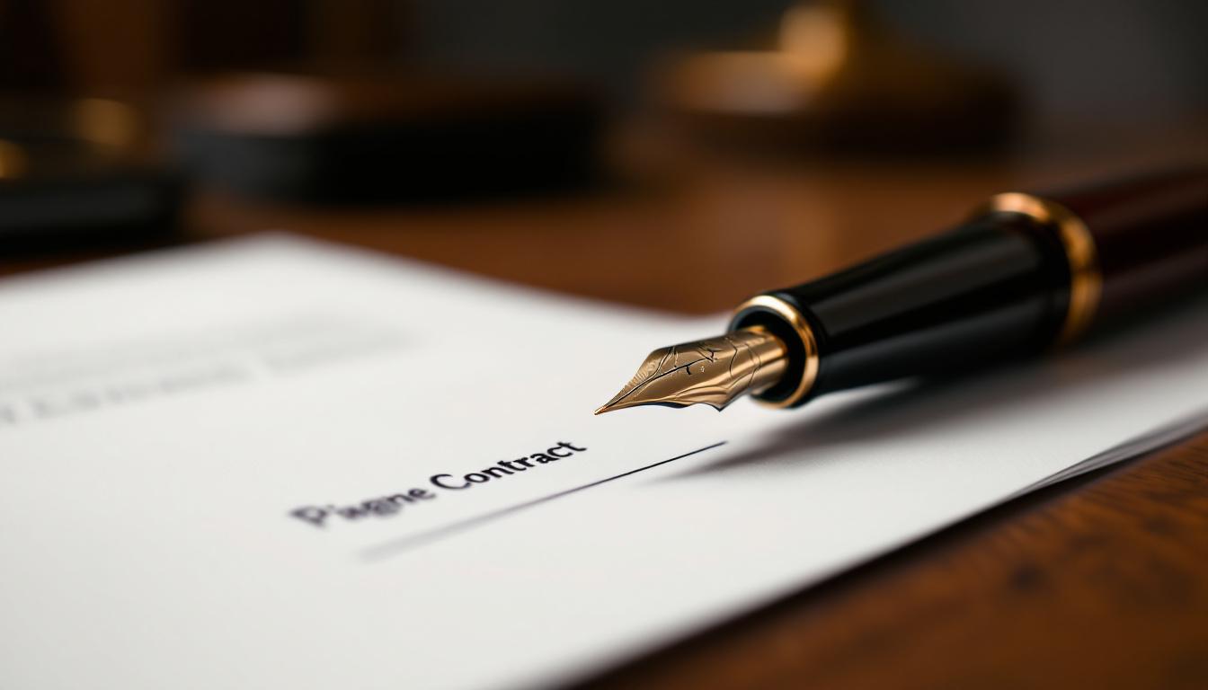Close-up of a fountain pen poised over a final-page signature line of a contract on a polished walnut desk