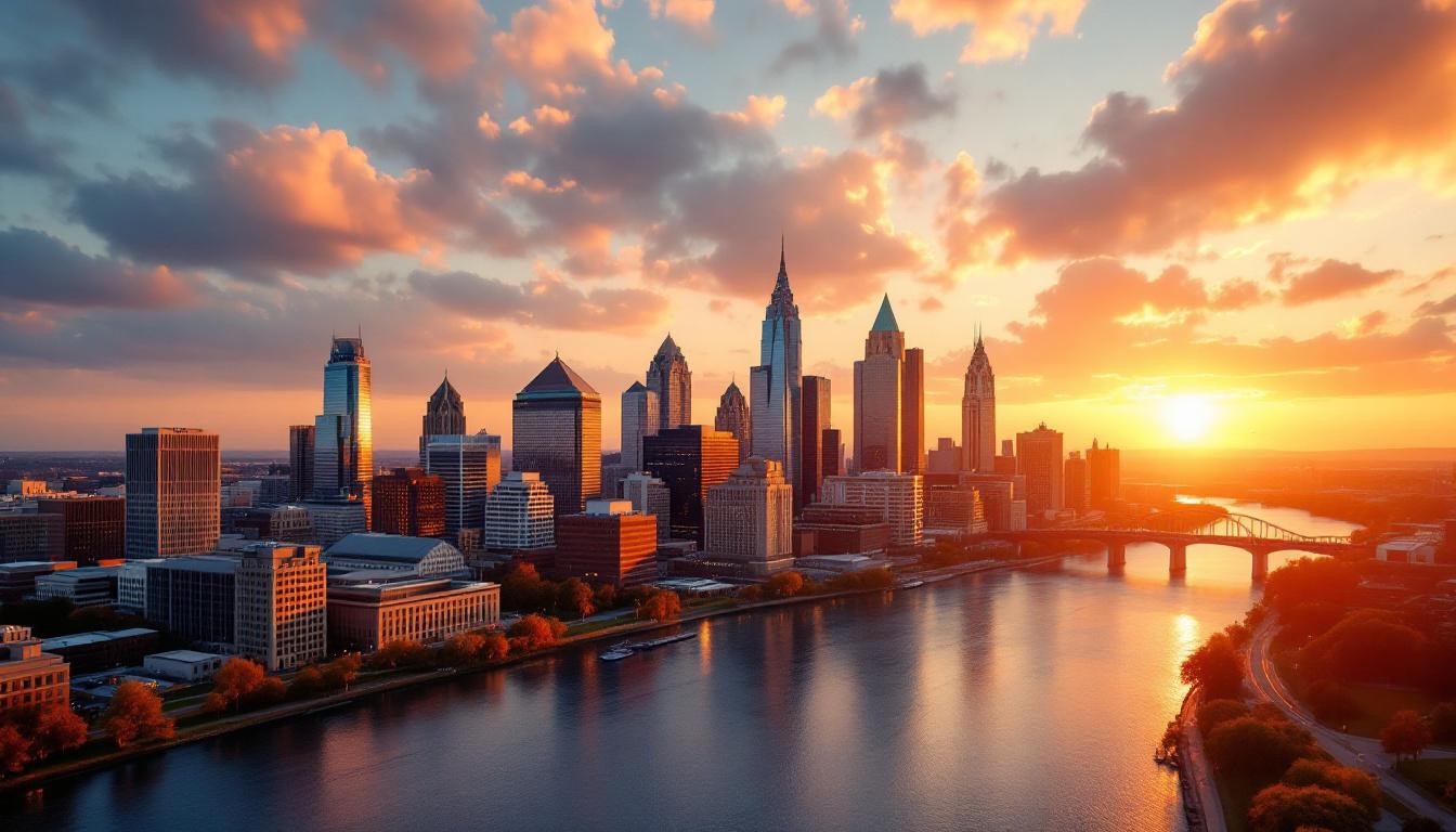 Cleveland city skyline at golden hour with the Cuyahoga River winding through downtown