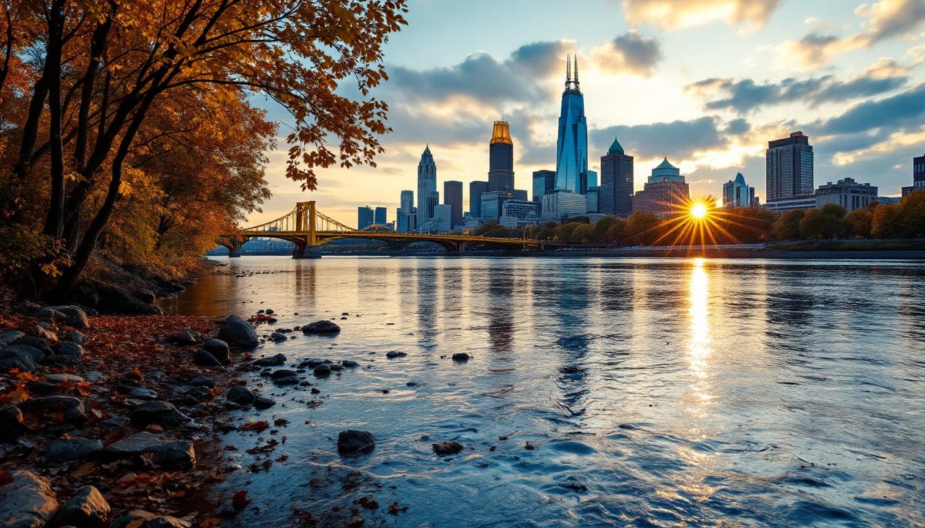 Pittsburgh river confluence with three rivers and downtown skyline at sunset