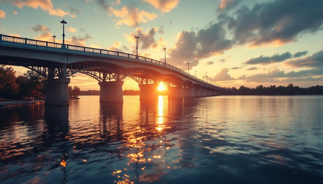 Jacksonville waterfront and bridge over the St Johns River at golden hour